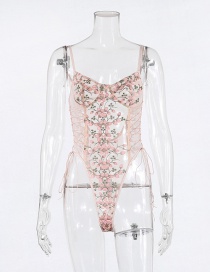 Fashion Pink Lace Mesh Embroidered Tie Bodysuit