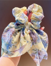 Fashion Yellow Floral Chiffon Printed Floral Bow Pearl Hair Tie