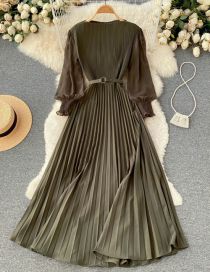 Fashion Armygreen Chiffon Pleated Waist And Waist Dresses