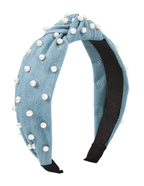 Fashion Light Blue Denim Stud Pearl Knot Wide Side Headband