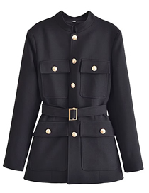 Fashion Black Polyester Breasted Belted Jacket Reviews