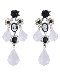 Fashion Black And White Alloy Diamond Floral Tassel Drop Earrings