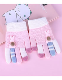 Fashion Pink Cashmere Knitted Color-block Rabbit Five-finger Gloves