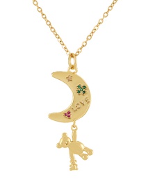 Fashion Golden 2 Copper Inlaid Zircon Crescent Alphabet Bear Pendant Necklace