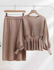 Fashion Khaki Two Pieces Of Round Neck Bag Hips And Waist Slim Knitted Dresses