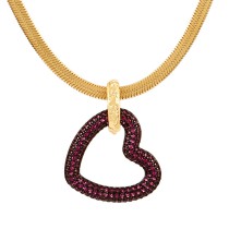 Fashion Rose Red Titanium Steel Inlaid Zirconium Heart Pendant Snake Bone Chain Necklace