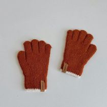 Fashion Camel Children's Woolen Five-finger Gloves With Leather Labels