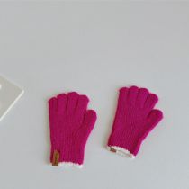 Fashion Rose Red Children's Woolen Five-finger Gloves With Leather Labels