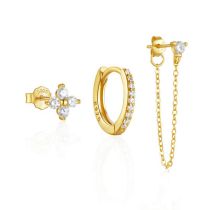 Fashion Set Of 3-gold Sterling Silver Diamond Chain Earring Set