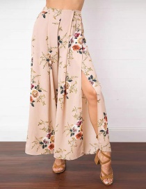 Casual Coffee Painting Flower Pattern Decorated Split Wide Leg Pant
